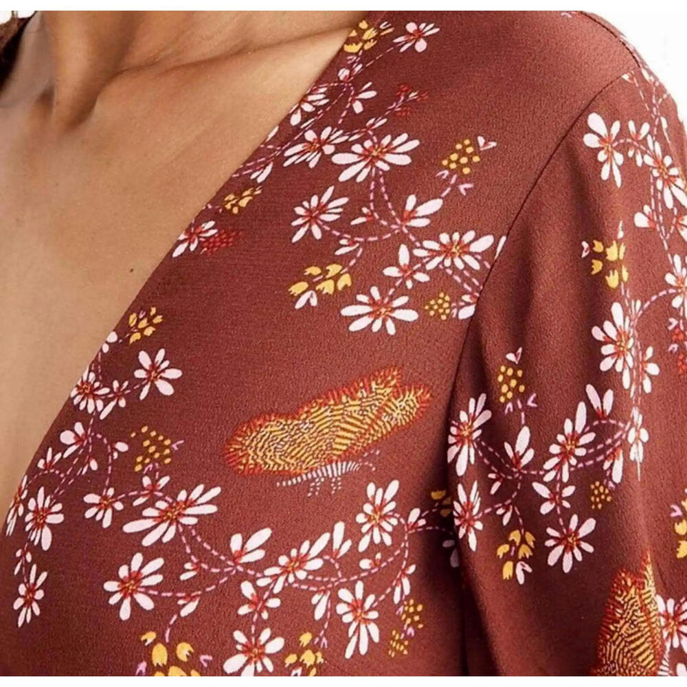 Madewell Ruffle Wrap Dress Windowbox Floral Butterfly Burgundy Short Sleeve 6 - Picture 8 of 9